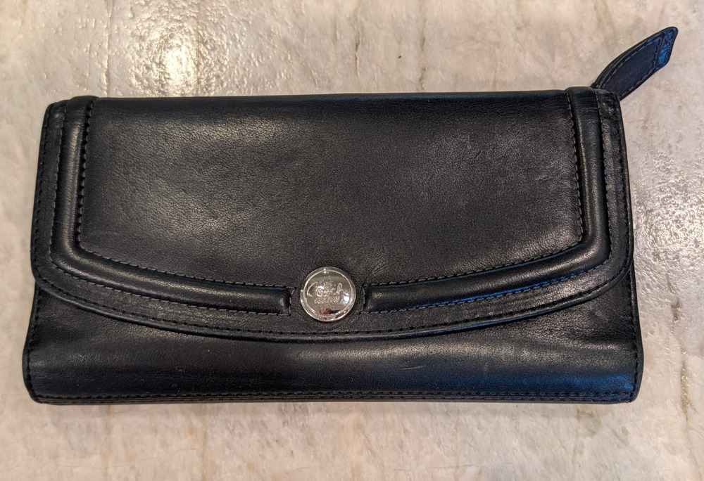VTG COACH Black Leather Women's Trifold Wallet ID Window Card Slots